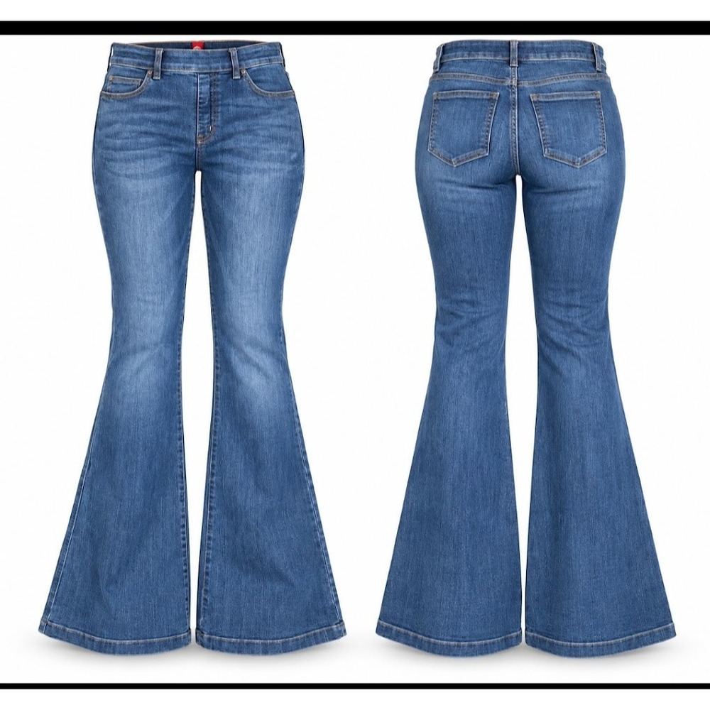 Spanx Flare Jeans Medium Wash Blue Pull On High Rise Stretch Denim Size Medium